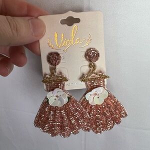 Viola Pink Beaded Earrings Dress on a Hangar with Flower Accent NWT